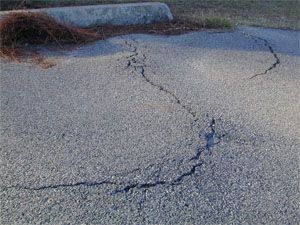 Close-up photo showing an upward bulge in the pavement surface near the pavement's edge. The upward bulge is very noticeable due to a crack in the pavement surface at the apex of the bulge.