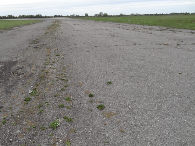 This picture shows an overview of an asphalt taxiway pavement with visible distress over 100 percent of the pavement area.  The majority of the visible distress include transverse cracks, longitudinal cracks, alligator cracking, and potholes.  Vegetation is seen growing in many of the alligator cracking areas.